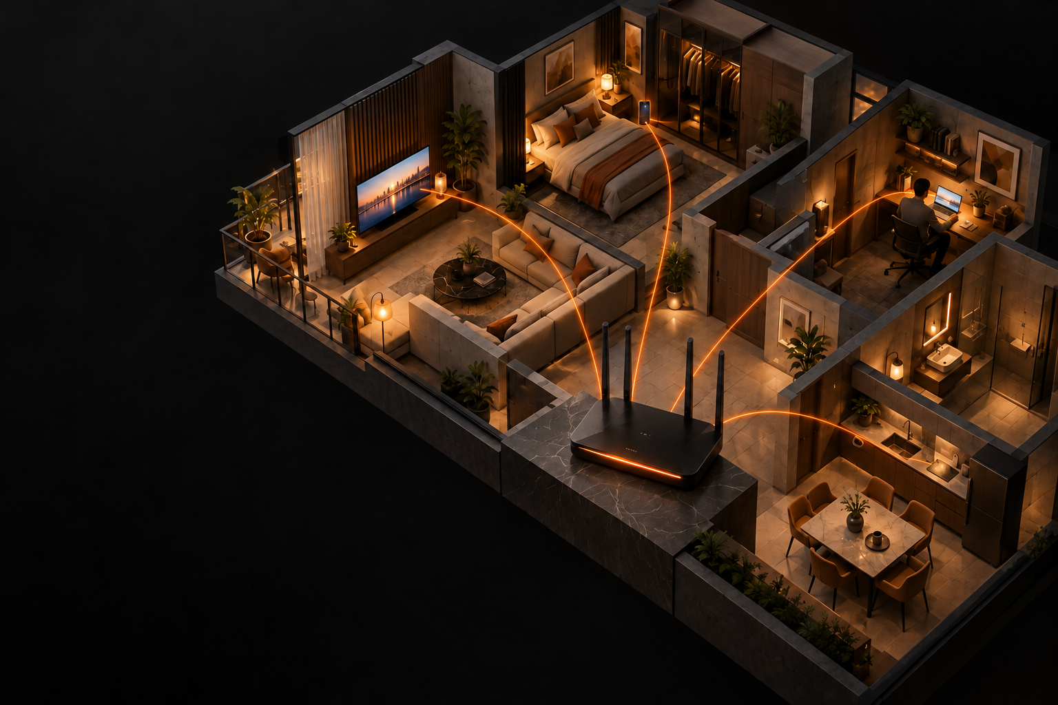 Illustrated home with a Wi-Fi router connecting work and entertainment spaces