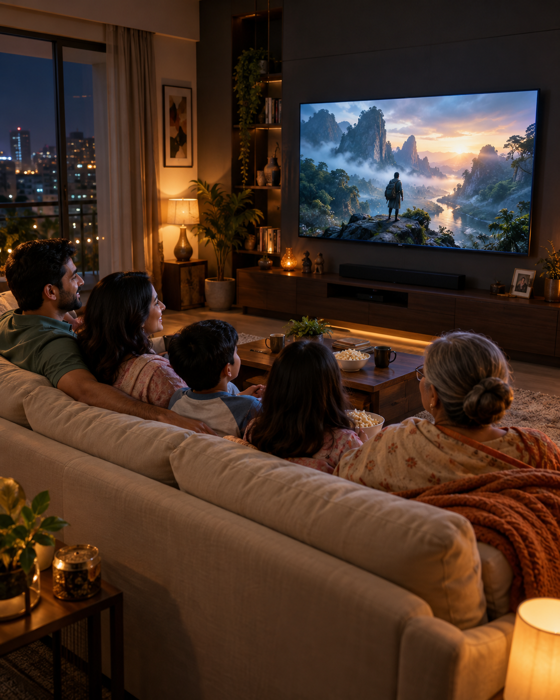 A Bangladeshi family enjoying a movie together on a large smart TV in a warmly lit living room