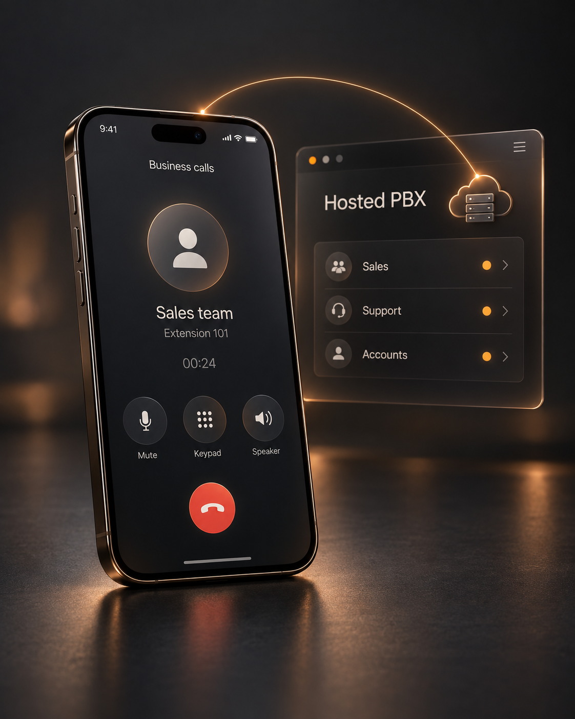 Concept illustration of a mobile softphone app connected to a cloud-hosted PBX with team extensions