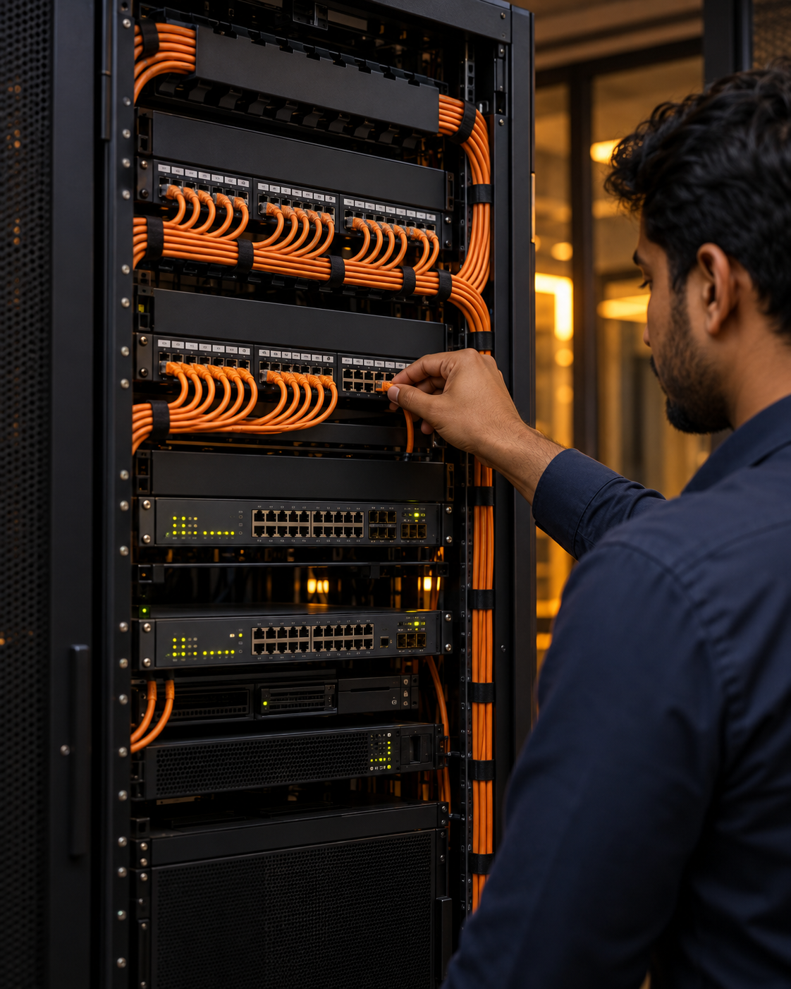 Illustration of a network engineer organising patch cables in an office network rack